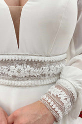 White Plunge V Long Sleeve A-Line Wedding Dress